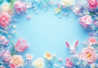 Beautiful Spring Floral Arrangement with Cute Bunny Figure on Light Blue Background, Perfect for Easter, Invitations, and Seasonal Celebrations