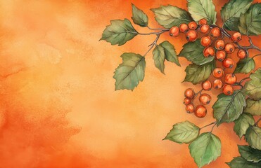 Beautiful watercolor illustration of vibrant orange berries with lush green leaves on a warm textured background, perfect for seasonal decorations and nature-themed designs.