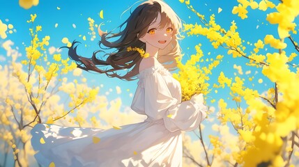 Fototapeta premium Girl in a white dress surrounded by yellow flowers, anime illustration