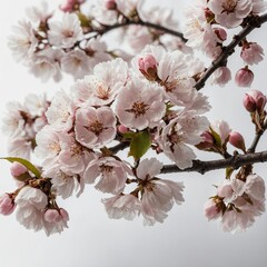 "A delicate cherry tree in full bloom with soft pink blossoms, set against a pure white background, capturing the peaceful serenity of spring."