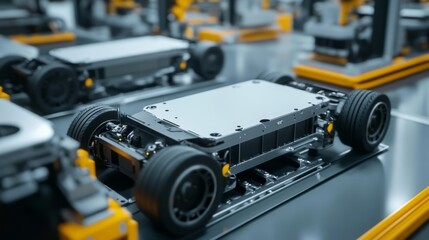 Electric vehicle chassis on assembly line.