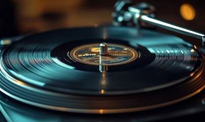 A close-up of a spinning vinyl record on a turntable, capturing a nostalgic vibe.