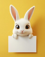 Cute white rabbit holding blank sign.