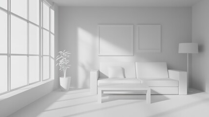 Minimalist white living room with sofa, window, and lamp.