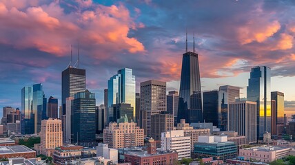 Obraz premium Modern City Skyline with Skyscrapers During a Vibrant Sunset