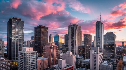 Fototapeta premium Modern City Skyline with Skyscrapers During a Vibrant Sunset