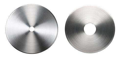 Close-up of two stainless steel discs highlighting metallic texture and precision.