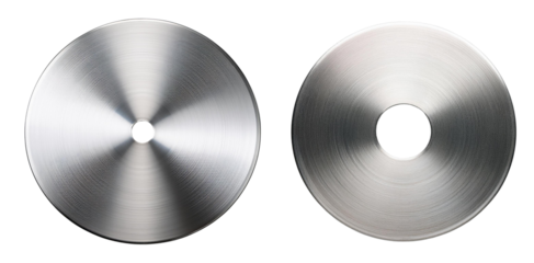 Close-up of two stainless steel discs highlighting metallic texture and precision.