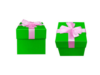 Green gift box tied with pink bow PNG transparent.