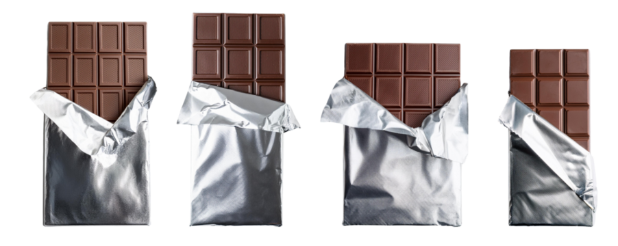 Chocolate bars with wrappers peeled back, showcasing rich, delicious chocolate.