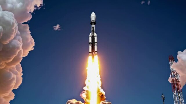 Medium-to-Heavy Lift Rocket Ascent at Clear Sky Launch Site, White Flame and Cirrus Clouds
