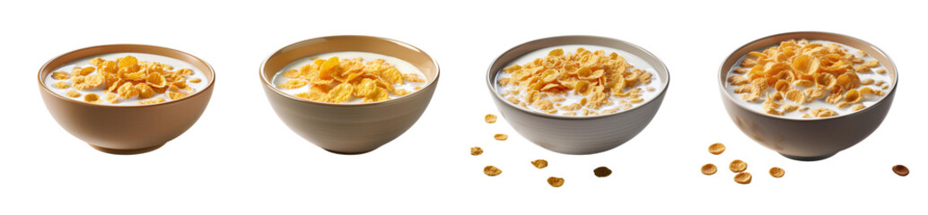 Four bowls of cereal with milk, showcasing different textures and toppings.