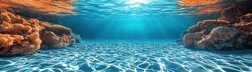 Obraz premium A serene underwater scene featuring vibrant coral formations illuminated by sunlight filtering through clear blue water.