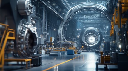 Industrial factory interior with machinery and equipment.