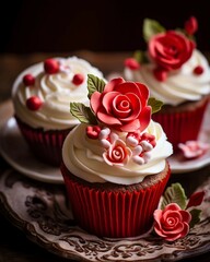 Valentine's Day Cupcakes with Red and White Rose 