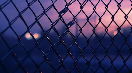 Fototapeta premium Silhouette of chain link fence at sunset. Selective focus