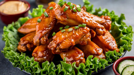 A close-up shot shows a plate of glazed chicken wings nestled on green lettuce. Small green chives are scattered on top, with two dipping sauces visible in the background