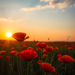 Fototapeta premium Poppy Field Sunset