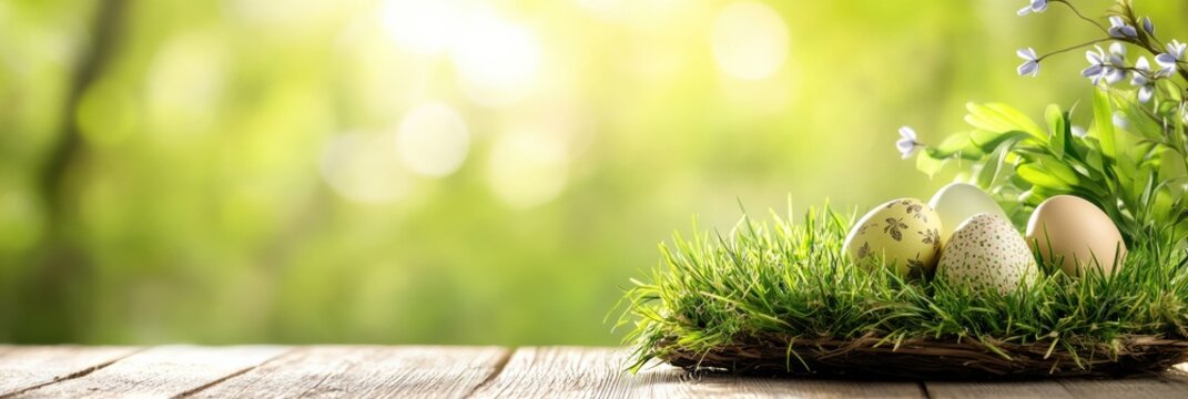 A serene Easter scene presents decorated eggs in lush green grass, surrounded by warm light and blooming flowers, symbolizing renewal and joyful celebration of life during this holiday season