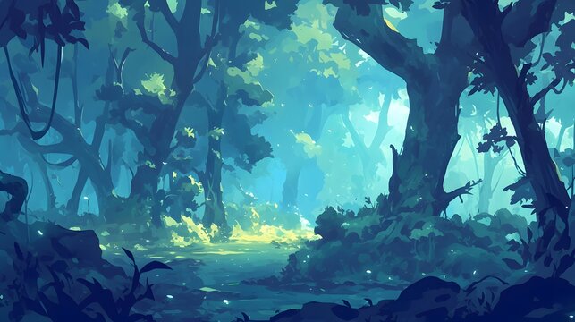 Gloomy dark forest with scattered light, moody scenery, toon anime background.