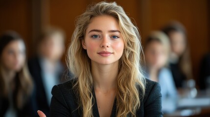 Fototapeta premium A woman with blonde hair and blue eyes is sitting at a table with other people. Generative AI