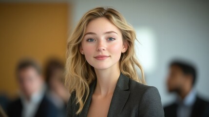 Fototapeta premium A woman with blonde hair and blue eyes is smiling for the camera. Generative AI