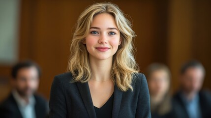 A woman with blonde hair and a black jacket is smiling for the camera. Generative AI