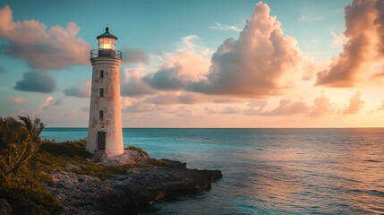 Naklejka premium Lighthouse at Sunset: A Serene Coastal Scene