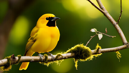Obraz premium A yellow bird with black eyes and a black beak sits on a branch.