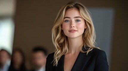 Obraz premium A woman with blonde hair and blue eyes is wearing a black suit. Generative AI