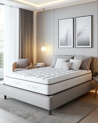 Minimal bedroom mattress display with cozy minimal mattress setup and stylish minimal mattress scene ,minimal modern mattress ,Scandinavian bedroom style ,cozy sleep surface display