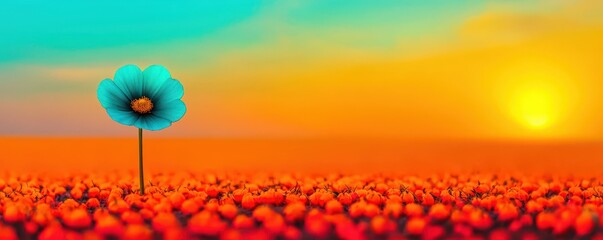 A vibrant sunset landscape features a single blue flower amid a field of orange blooms, creating a striking contrast against the colorful sky.