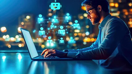 Man types on laptop as floating people icons represent AI recruitment, hiring automation, and AI driven chatbot interactions