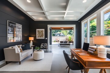 Fototapeta premium Modern home office with coffered ceiling, neutral decor, and patio access.