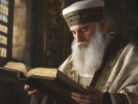 Photorealistic image of a rabbi reading the Torah