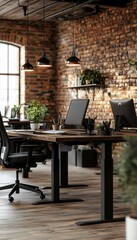 Naklejka premium Modern Office Workspace with Stylish Decor and Natural Lighting