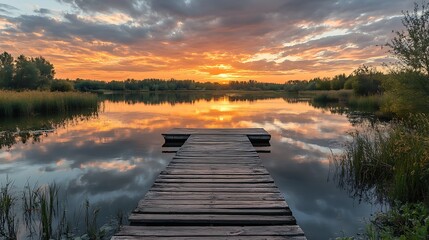 Fototapeta premium Sunset Lake Wooden Dock