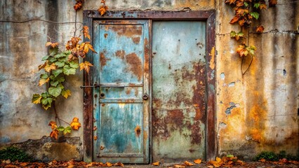 Naklejka premium Rustic Autumnal Scene with Weathered Metal Doors and Climbing Vine