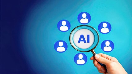 Magnifying glass highlights AI and employee icon on blue, showcasing AI recruitment, hiring automation and efficient hiring systems