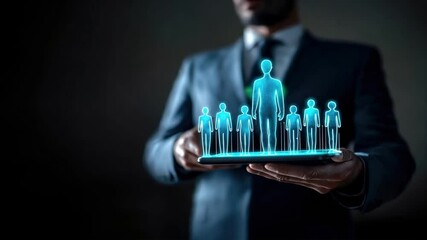 Businessman holds smartphone displaying glowing human icons, representing AI recruitment, hiring automation, advanced digital hiring tools