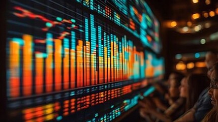 Obraz premium Data analysts reviewing financial charts on a large screen.