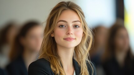 Fototapeta premium A woman with blonde hair and a black blazer is smiling at the camera. Generative AI