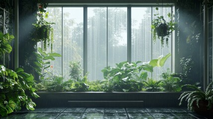 Indoor Panoramic View of Lush Greenery with Overcast Light