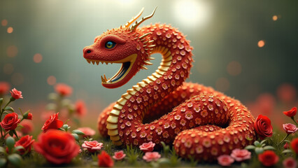 Fototapeta premium Cute Red Dragon Fantasy Art, Floral Decor - Fantasy and Mythical Cr.