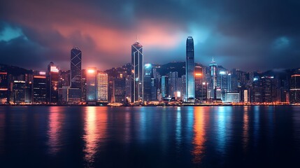 Fototapeta premium Vibrant Hong Kong Skyline at Night