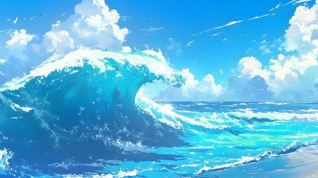 High waves in a vibrant blue sea illustrated in anime style