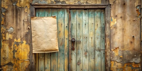 A weathered wooden door with peeling paint and a blank paper announcement