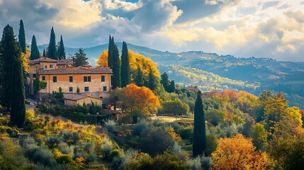 Fototapeta premium Tuscan Villa Autumn Landscape