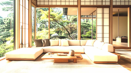 Fototapeta premium Japandi living room with a modular beige sofa, wooden furniture, minimalist design, natural textures, neutral tones, cozy and elegant space, modern Japanese and Scandinavian style fusion. 