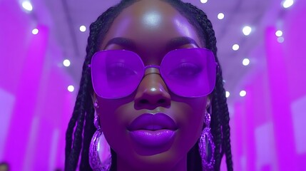 Close-up portrait of a young Black woman with purple sunglasses and matching lipstick in a vibrant purple-lit setting.
